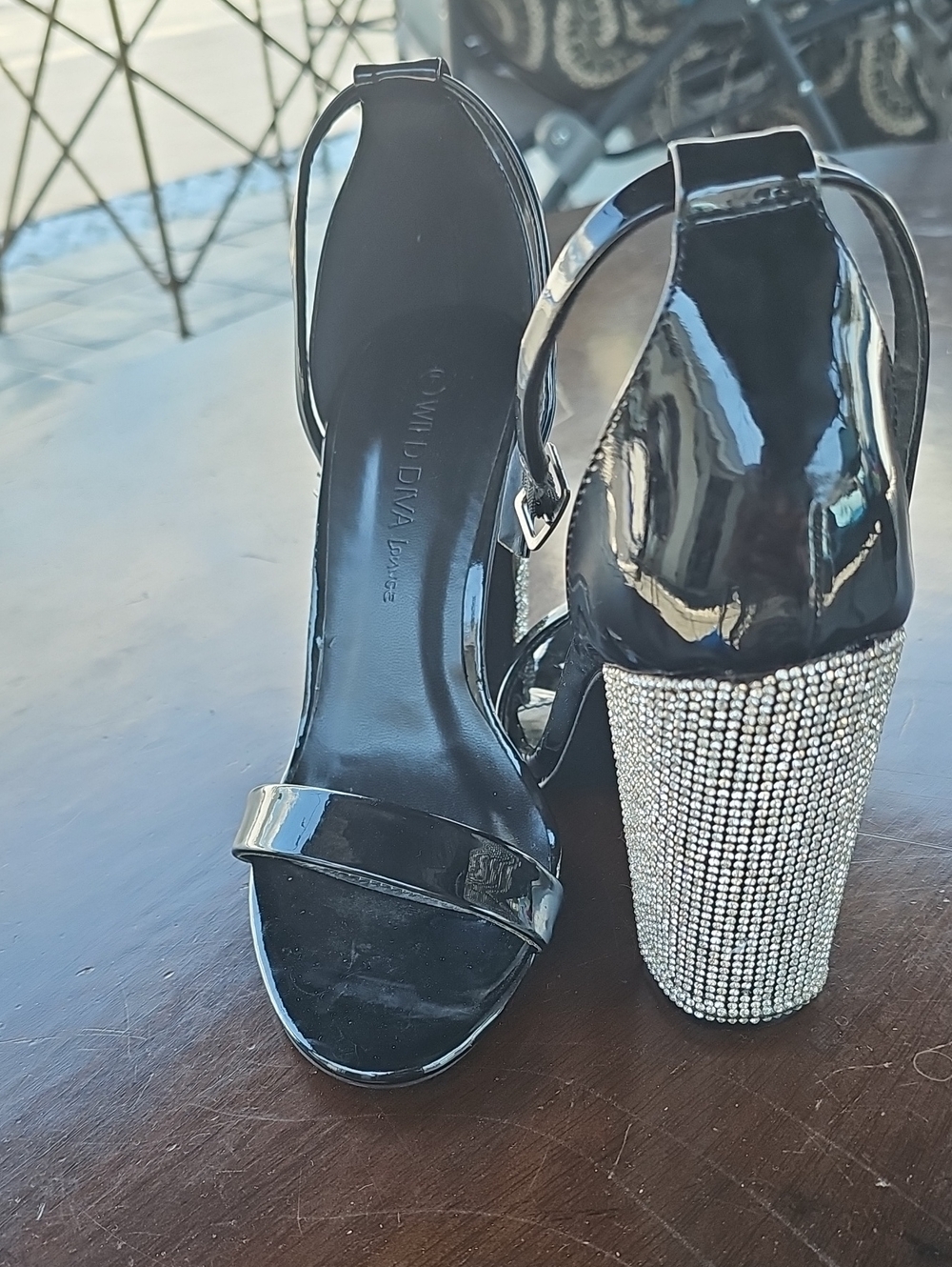 Wild Diva Elegant Black Ankle-Strap Heels with Rhinestone Block Heel Sz 7